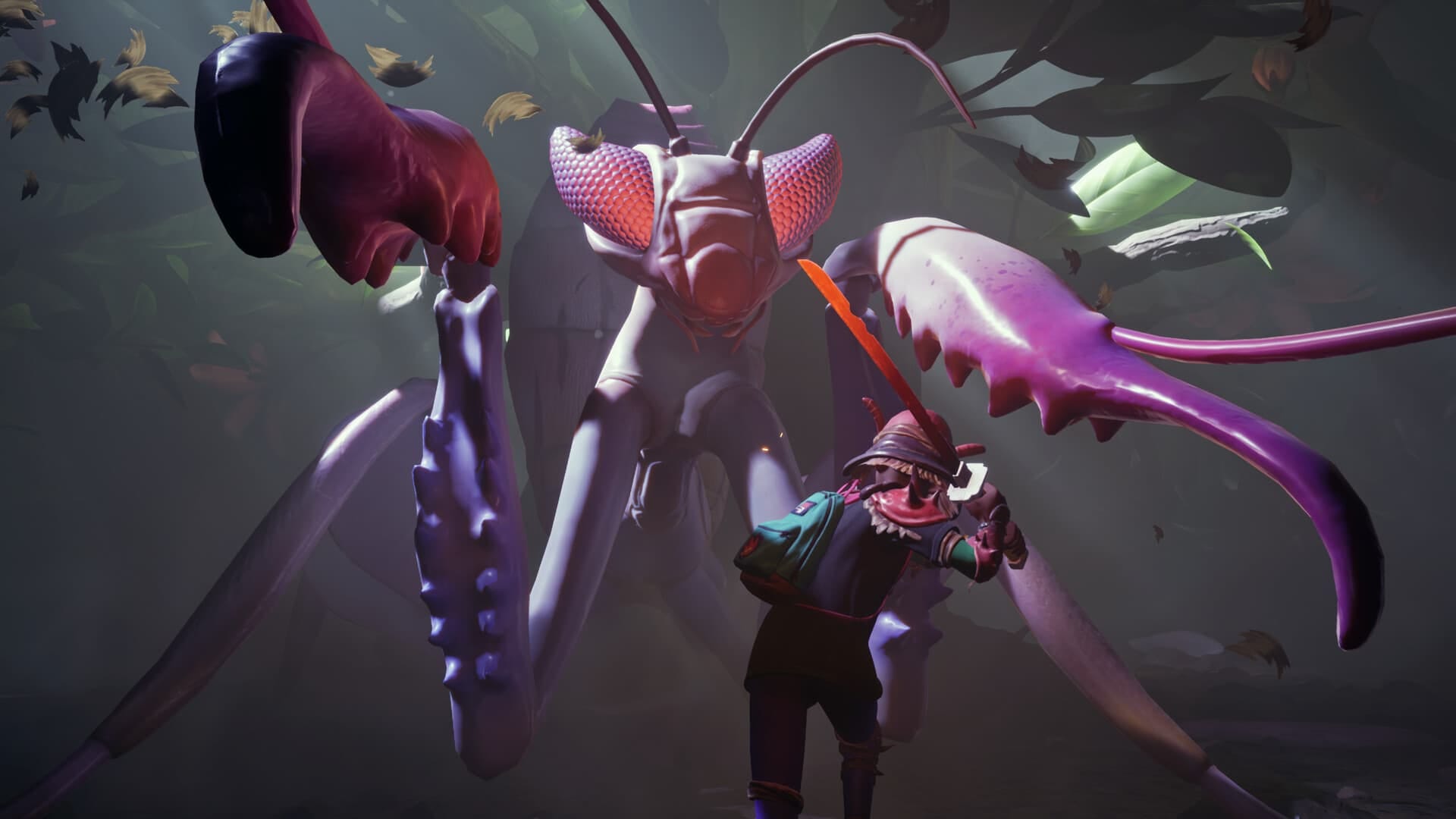 Grounded Screenshot from steam of the player slashing a large purple praying mantis with a sword